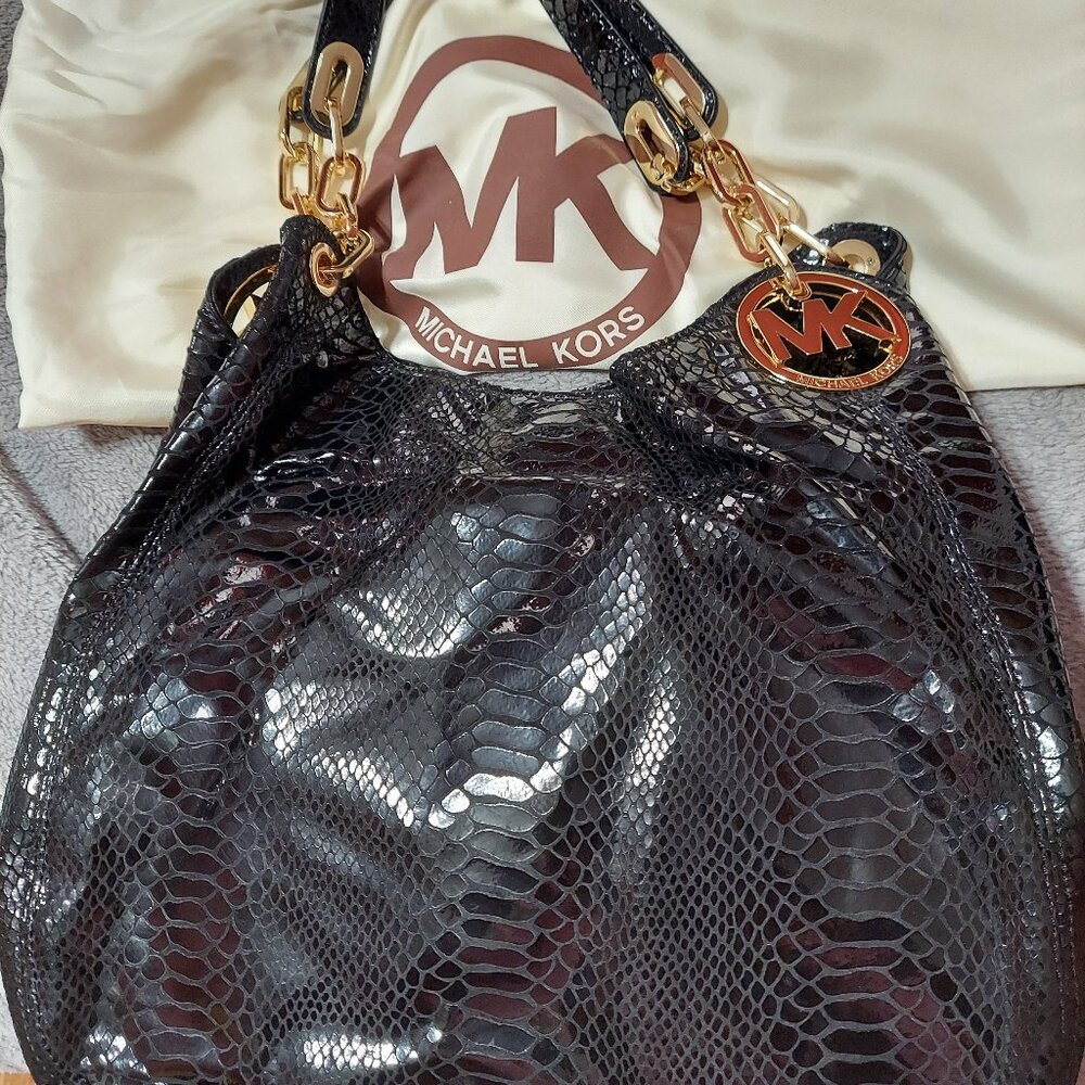 Michael Kors Black Leather Python Design Shoulder… - image 1